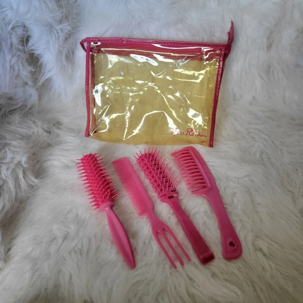 Yves Rochee Vintage 1970s Hair‎ Styling Pick Comb Wet Brush Rake Bath Set Bag